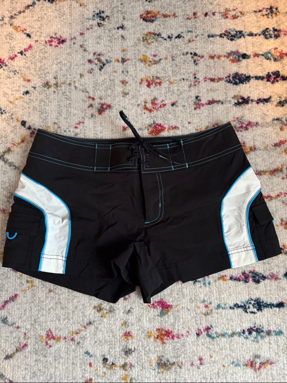 Express stretch board shorts black, white & aqua sz 7/8 excellent used condition